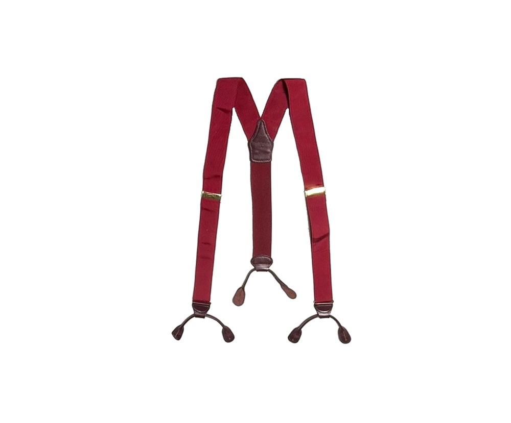 Paul Stuart Dark Red Suspenders Silk Stretch Brown Leather Mens Made in USA